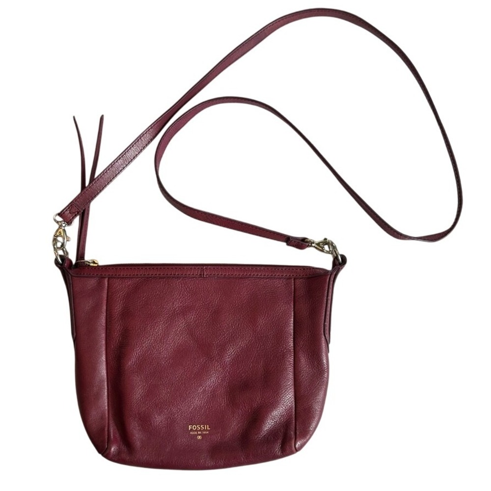Fossil Sydney Crossbody Bag Red Burgundy Leather Purse Gold Zip Hardware